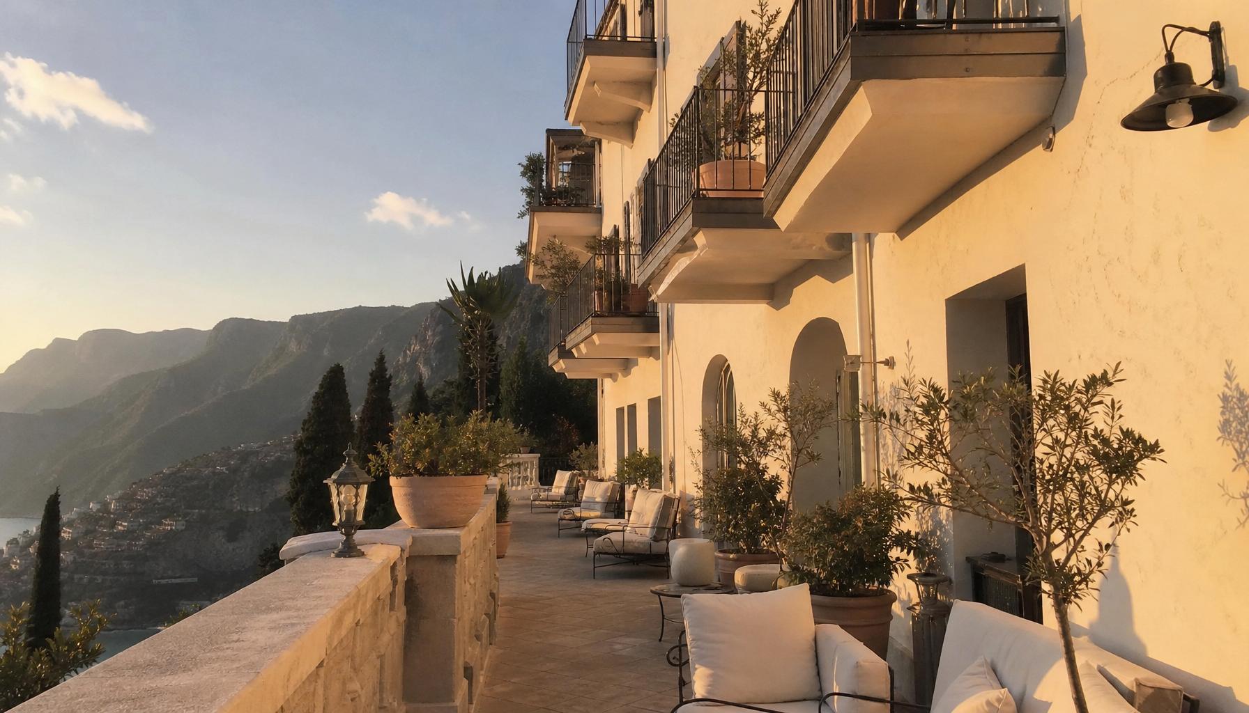 Boutique hotel terrace at golden hour